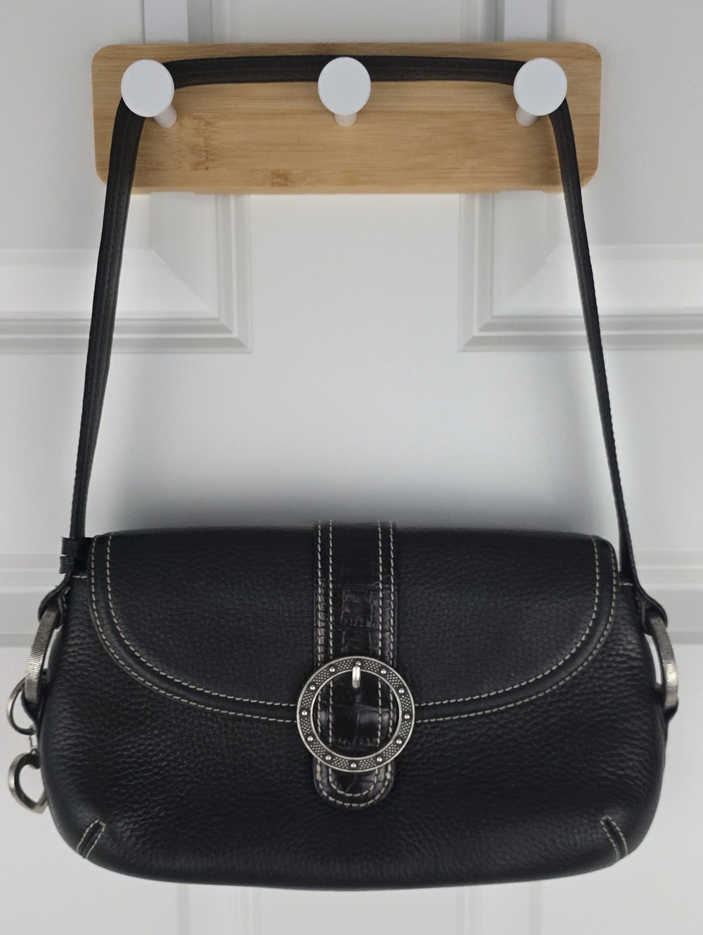 Brighton Y2k Boho Black Pebbled Leather Shoulder Bag with Decorative Buckle